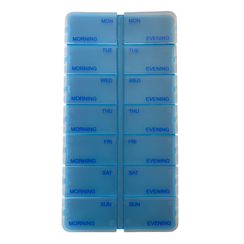 Practical weekly pill organiser featuring 14 compartments, two per day, clearly labeled for morning and evening use. Portable, with secure lids and a space-saving design, perfect for managing pills and supplements.