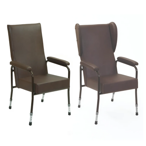 Adjustable high back chair with padded seat and backrest, shown in a neutral vinyl finish
