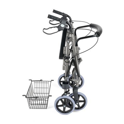 Image showing the folded and compact graphite rollator walker with ergonomic hand brakes and adjustable handles.