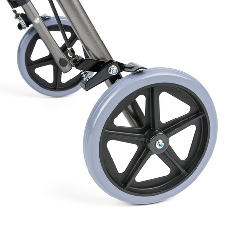 Close up of the 8 inch narrow wheels which are very user friendly and easy to move in both outdoor paths and indoor spaces.