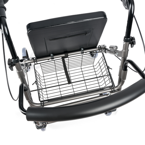 Close up of the storage basket compartment of the aluminum four wheel rollator.