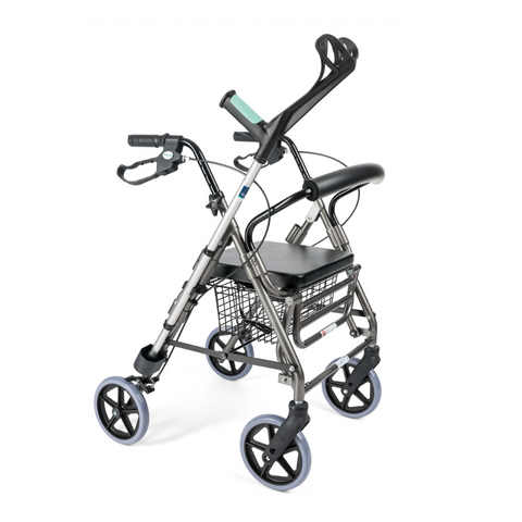 The four wheeled rollator is able to hold a crutch or walking stick with its crutch clip accessory.