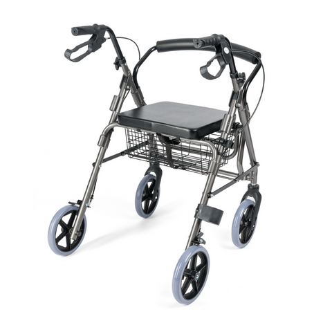 Rollator with reversible backrest and crutch holder accessory.