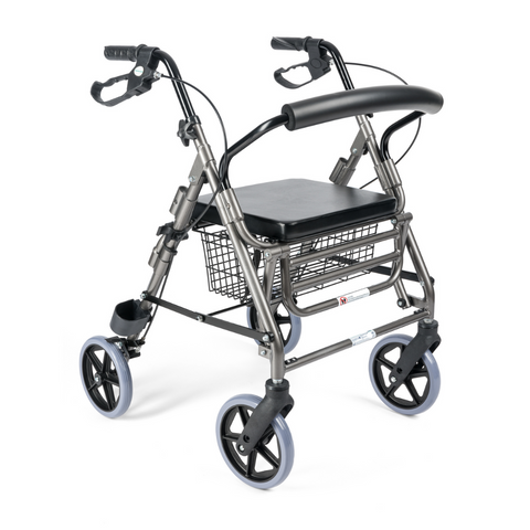 Lightweight aluminium rollator with four wheels and padded seat.