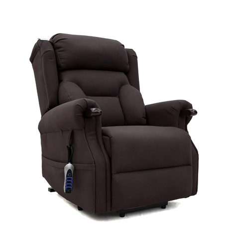 Side view of AURORA recliner showing timber armrest extensions in cocoa.