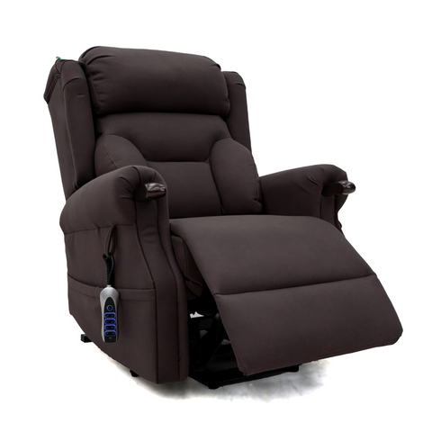 Full-body view of the recliner with motor in a foot recliner position.