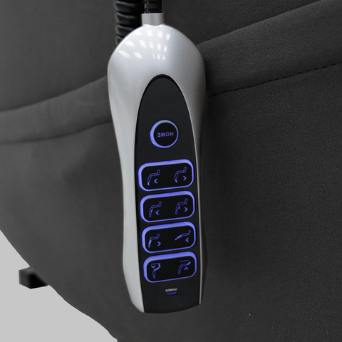 Close-up of operating handset that has a hook storage on the recliner’s side for ease of use.