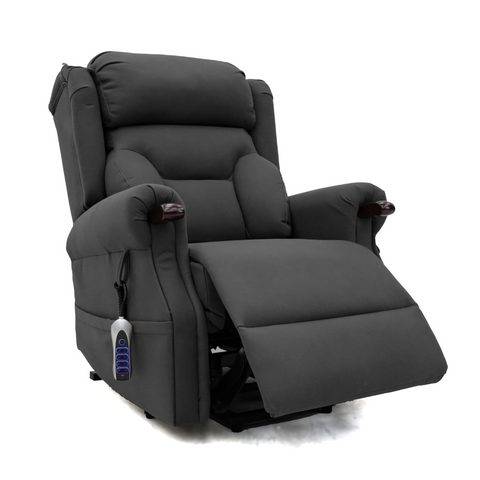 Full-body view of the recliner with motor in a foot recliner position and hand held remote hooked onto the right side.