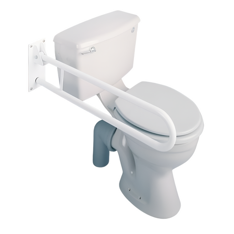 Wall-mounted fold-away toilet grab rail in white powder-coated steel, shown in upright locked position.