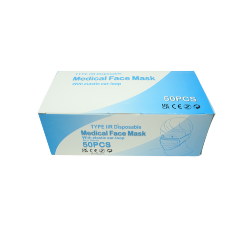 Pack of 50 Type IIR disposable face masks, providing 98% bacterial filtration and splash resistance.