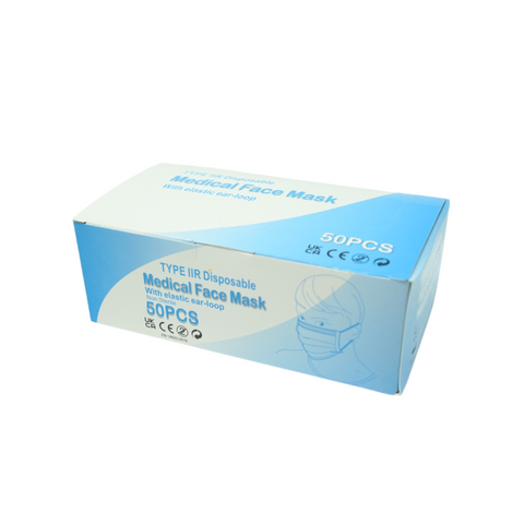 Medical Type IIR face masks in a 50-pack, offering high bacterial filtration and splash resistance.