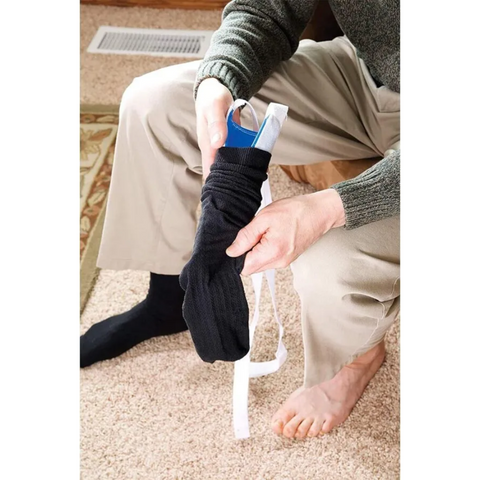 Sock helper device for putting on socks without bending.