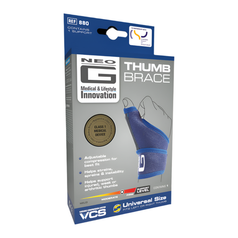 Packaging of Neo G Thumb Brace highlighting universal size and key features