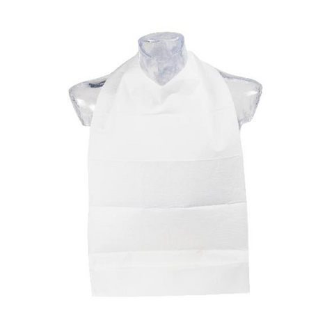White Disposable Bib that ties around the neck.