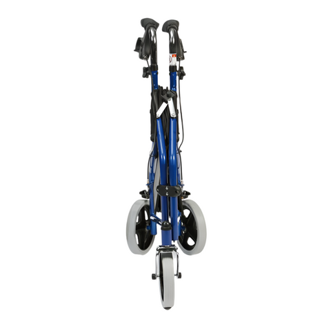 The 3 Wheel Aluminum Rollator folded flat for easy storage and transport, showcasing its compact design and convenient movable carrier bag.