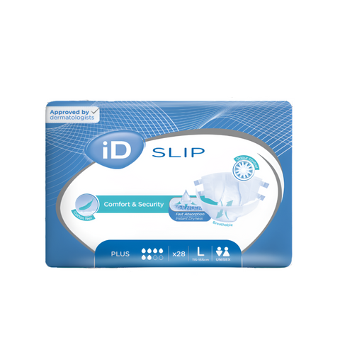 iD Slip Plus Large all-in-one incontinence briefs, offering anti-leakage protection, instant dryness, and a comfortable cotton-feel material. Each pack includes 28 diapers for reliable daily care.