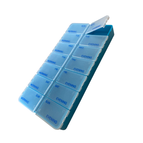 Compact 7-day pill organiser with 14 compartments, designed for twice-daily use with AM and PM sections. Clear labels for each day of the week, secure lids, and a durable plastic construction for home or travel.