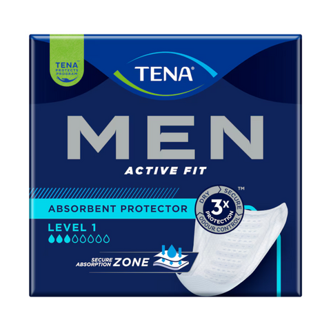 A pack of TENA Men Active Fit Absorbent Protector Level 1, containing 24 individually wrapped pads. The packaging highlights key features like Triple Protection, ultra-thin design, and secure absorption.