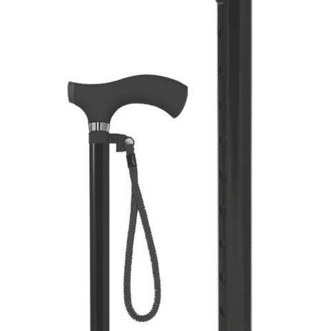 Adjustable walking stick with silicone handle and nylon wrist strap is available in black.