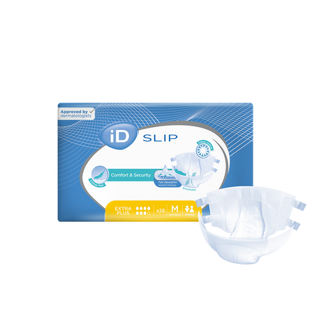 iD Slip all-in-one incontinence briefs in medium size, featuring resealable tabs, breathable material, and wetness indicators for secure, comfortable protection.