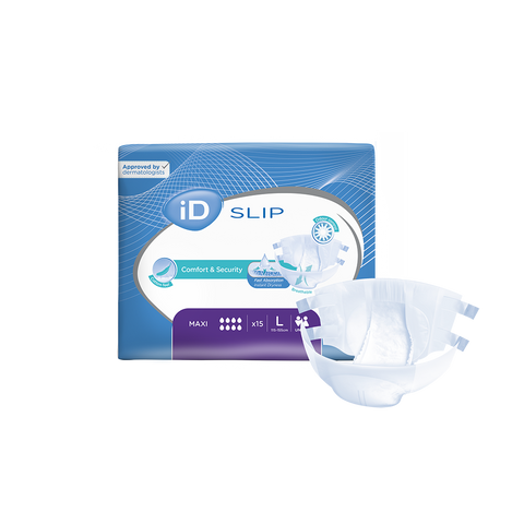 Large iD Expert Slip Maxi adult diapers offering maximum absorption, odour control, and skin-friendly materials with adjustable tabs for a comfortable, secure fit.