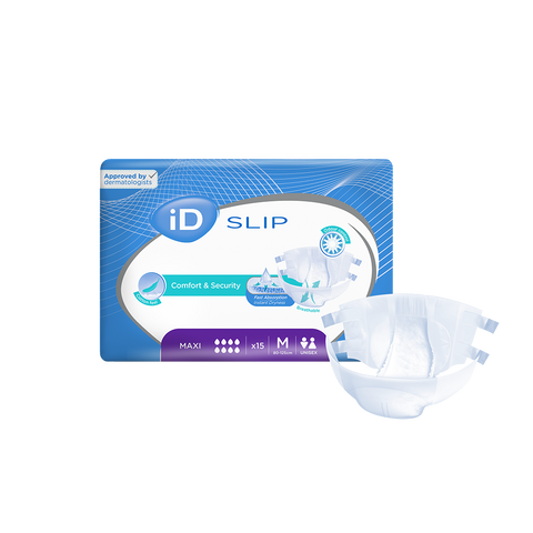 Medium iD Expert Slip Maxi adult diapers with high absorption, resealable tabs, breathable material, and wetness indicators for secure, comfortable protection.
