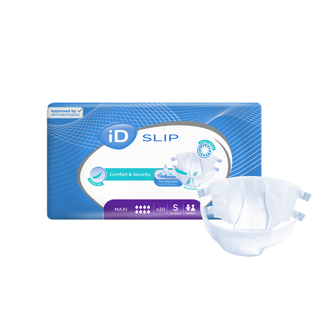 iD Expert Slip Maxi Small – all-in-one adult diaper designed for moderate to heavy incontinence, featuring high absorption, resealable tabs, and breathable material for a secure and comfortable fit.