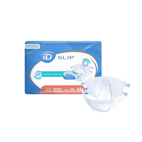 iD Expert Slip Maxi Prime - Medium size pack of 15 all-in-one incontinence briefs with secure elasticated waist, fast absorption core, and wetness indicators for reliable protection and comfort.