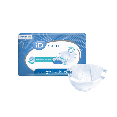 iD Slip Plus Medium all-in-one incontinence briefs with fast absorption, odour control, and wetness indicators. Pack of 28 diapers designed for moderate to heavy incontinence management.