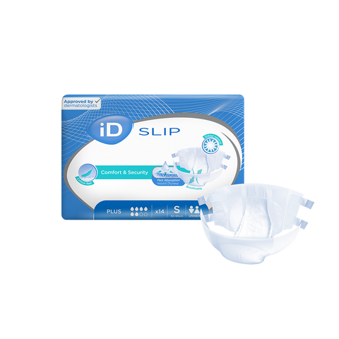 iD Slip Plus Small all-in-one incontinence briefs, featuring high absorption, breathable material, and resealable tabs. Each pack contains 14 diapers for secure and comfortable daily protection.