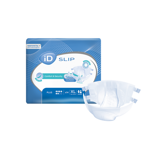 "iD Slip Plus Extra Large all-in-one incontinence briefs with high absorption levels, resealable tabs, and breathable fabric. Pack of 14 diapers designed for maximum protection and comfort.