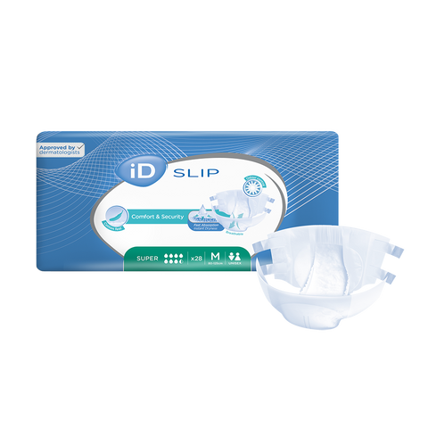 iD Expert Slip all-in-one incontinence briefs with resealable tabs and wetness indicators, designed for moderate to heavy incontinence.
