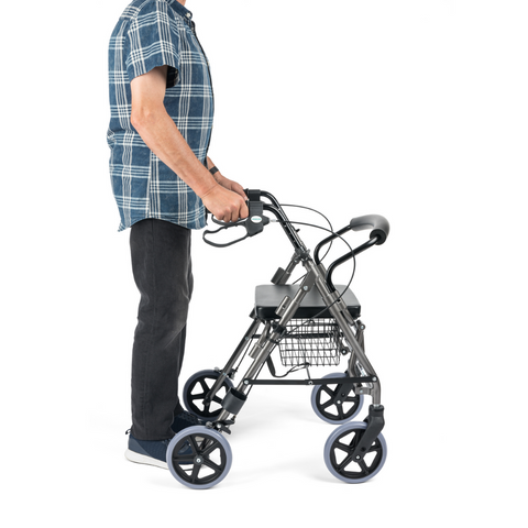 Side image of four-wheeled rollator with narrow wheels.