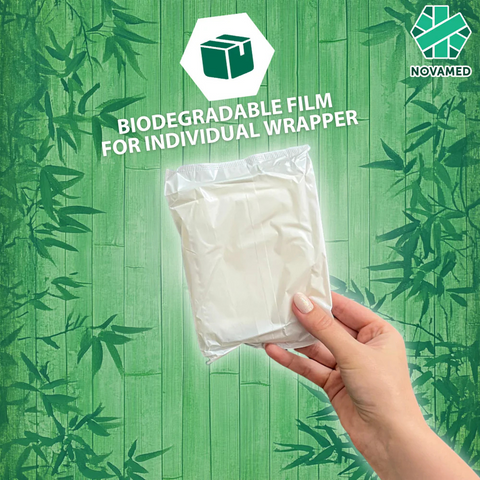 An image displaying the biodegradable wrapper and back sheet of the Novamed Bamboo Light Incontinence Pad, highlighting its commitment to sustainability.