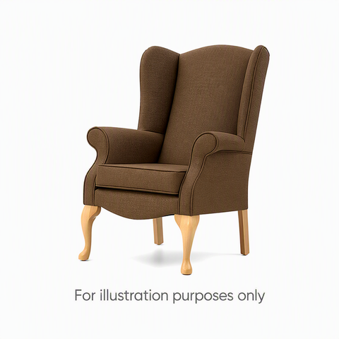 Traditional brown wingback armchair featuring textured leather upholstery, rolled arms, high backrest and light wood Queen Anne legs, ideal for classic living rooms, lounges and hospitality interiors. Text underneath reads "For Illustration purposes only", as chair is available in different fabric options. 