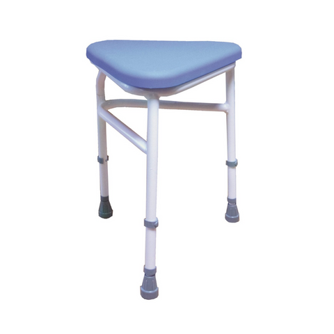 Corner shower stool with a triangular blue seat and white adjustable legs, neatly positioned in the tiled corner of a modern shower.