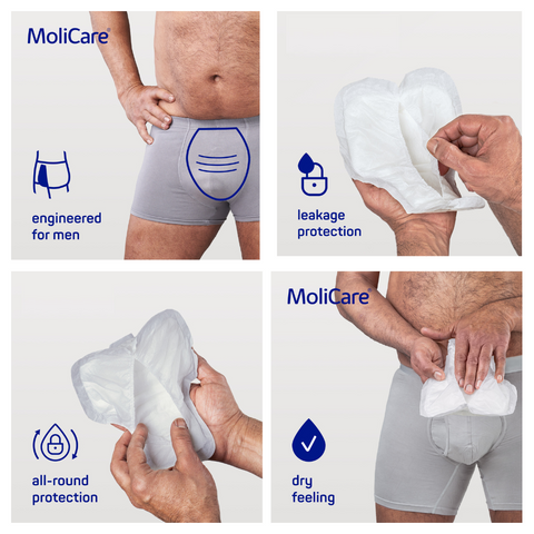 A man wearing MoliCare Premium Men Pad 4 Drop inside regular underwear, demonstrating the discreet and secure fit for light to moderate bladder weakness.