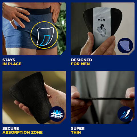 A demonstration of the TENA Men Protective Shield in use, highlighting its ultra-thin design that remains invisible under fitted clothing.