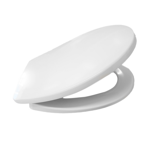 Side view of the pressalit soft close toilet seat. Made with colour ingrained duroplast and stainless steel BZ5 hinges.