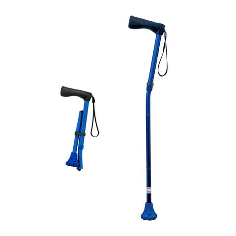 Image of the dynamo go stick foldable in blue, showing the handle, wrist strap, stable base and foldable position.