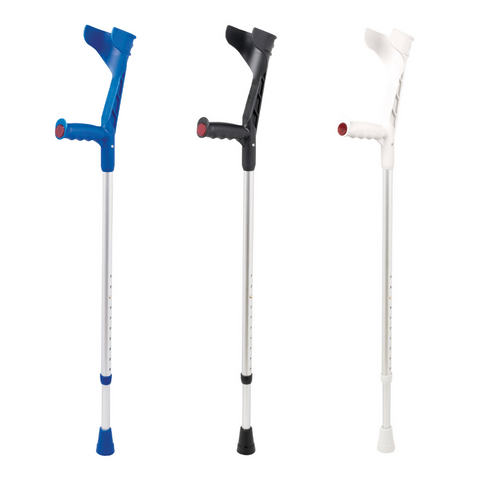 Eco 120 forearm crutch with open cuff and ergonomic handle, in the three colours of blue, black and light grey standing upright on a white background.