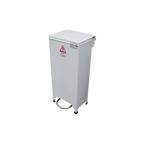 50L white pedal bin with fire-retardant steel body and hands-free foot pedal, ideal for hygienic waste disposal in home or professional healthcare settings.