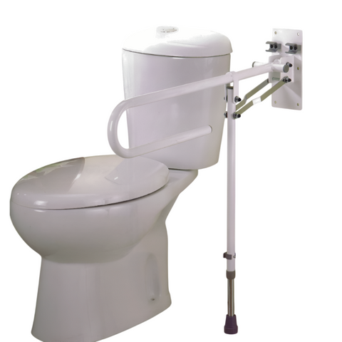 Side view of folding toilet support arm installed beside a toilet, showing support leg with rubber ferrule touching the floor.