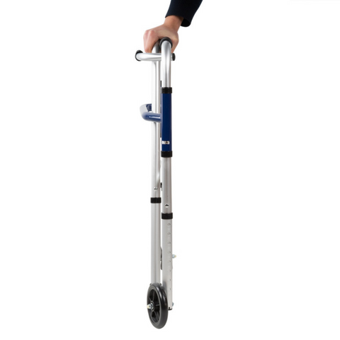 Adjustable height mobility walker made of anodized aluminium, shown folded.