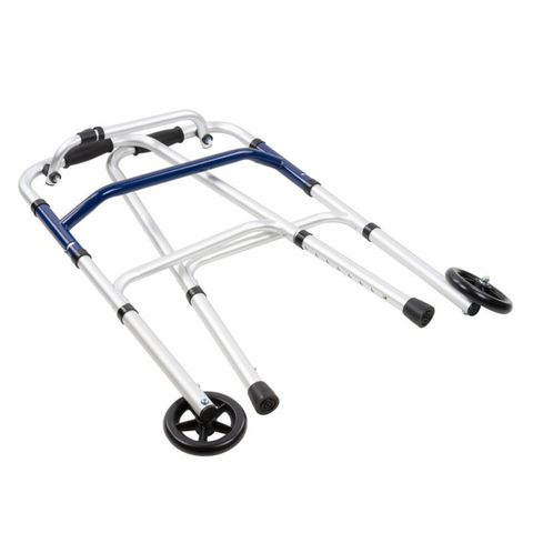 Side view of adjustable walking frame with 8 height settings and stable base folded showing how compact and portable it is for indoor use on the go.