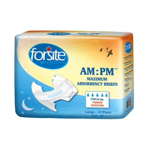 Forsite Slip AM-PM is designed for severe absorbency level (5 drops), anatomically preformed elastics, re-adjustable adhesives, and elastic bands for better fit and leakage protection. Available in Medium and Large sizes.