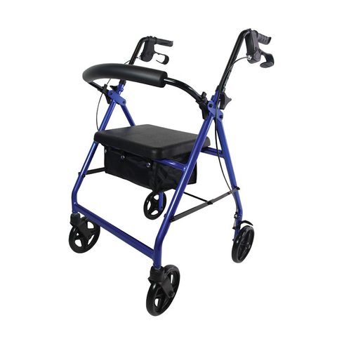 The 4-wheeled rollator with a padded seat and storage basket, designed for safety and comfort, featuring height-adjustable handles, durable aluminum frame, and 7-inch wheels for smooth movement on various surfaces.