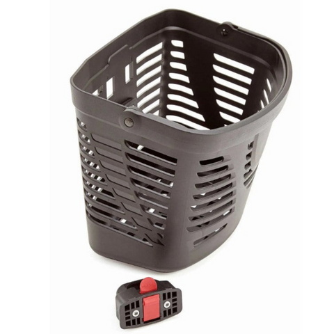 front basket for an mlite folding scooter. Image shows the basket with carry handle and the attachment for fitting the basket onto the frame of the scooter.