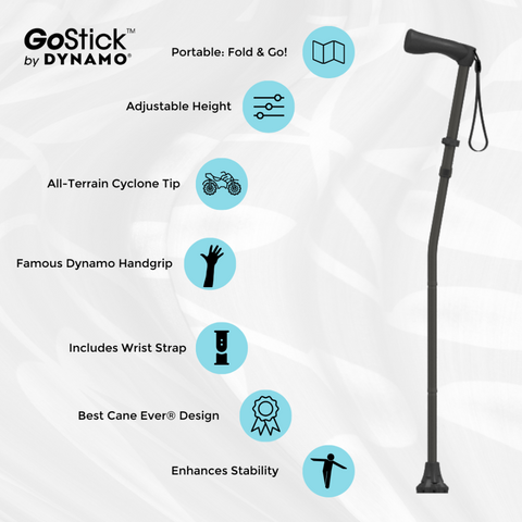 An Image showing the features of the dynamo features, including its portable - fold and go, adjustable height, all terrain cyclone tip, famous dynamo handgrip, includes wrist strap, bet design and ehances stability.