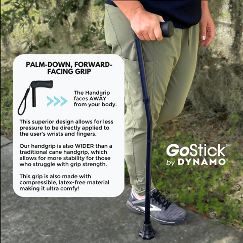 Image showing how to use the go stick by dynamo, palm down forwrd facing grip. The handgrip faces away from your body, this allows for less pressure to be directly applied to the sers wrists.